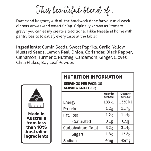 Back of Package of Tikka Masala Spices